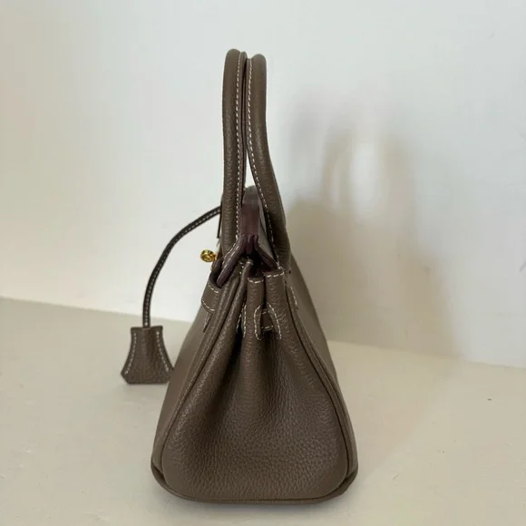 *NO STRAP | Taupe Mini 20 Leather Top Handle w/ Gold Structured Satchel Bag C3 - Picture 7 of 17